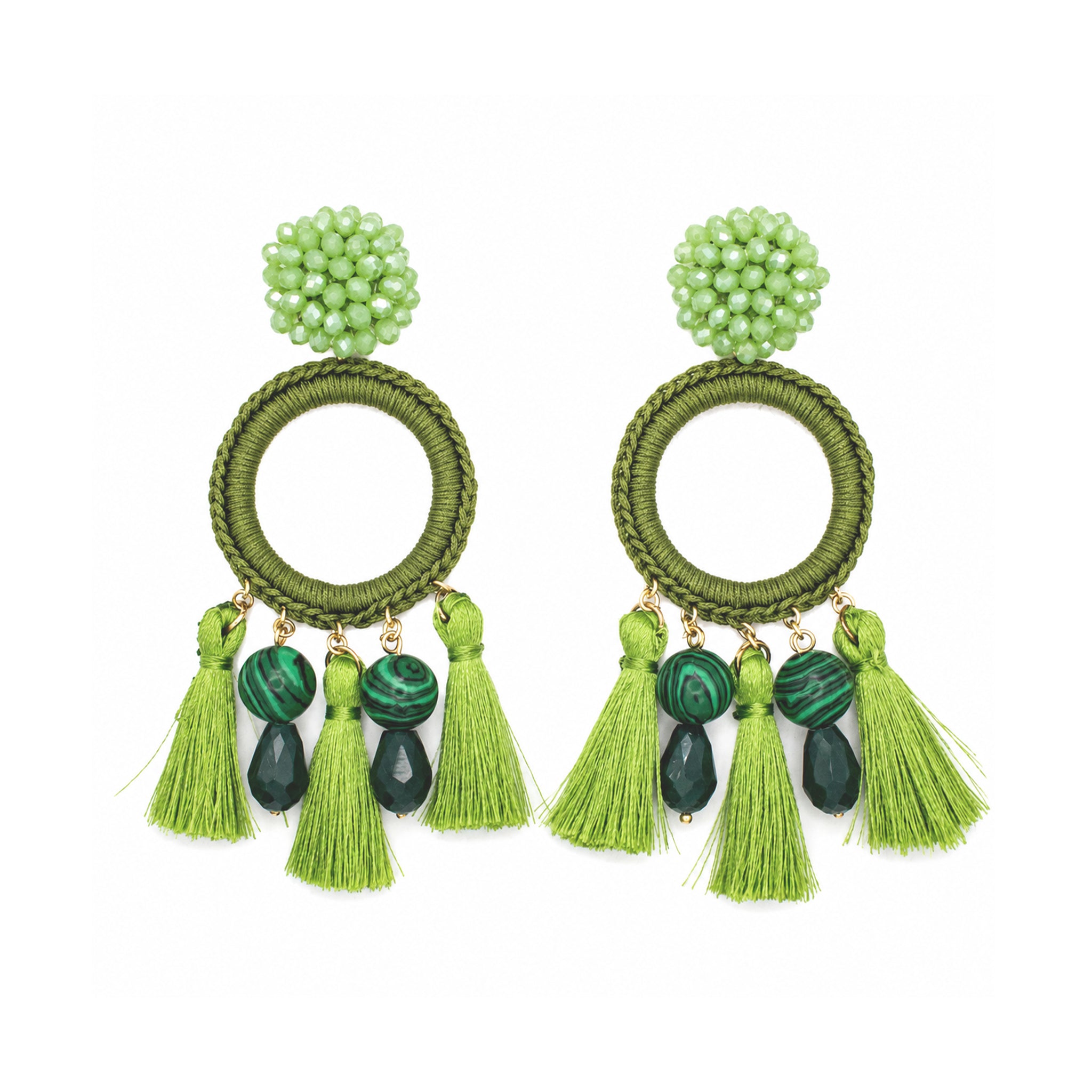 A pair of green beaded dangle earrings with circular woven hoops, hanging tassels, and dark green bead accents, shown on a plain white background.