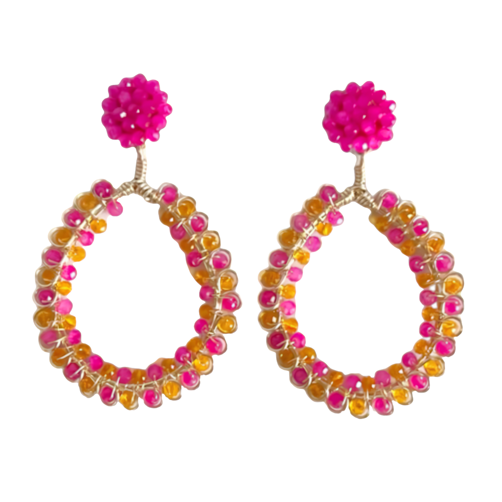 Pair of beaded earrings with pink and orange beads on a white background