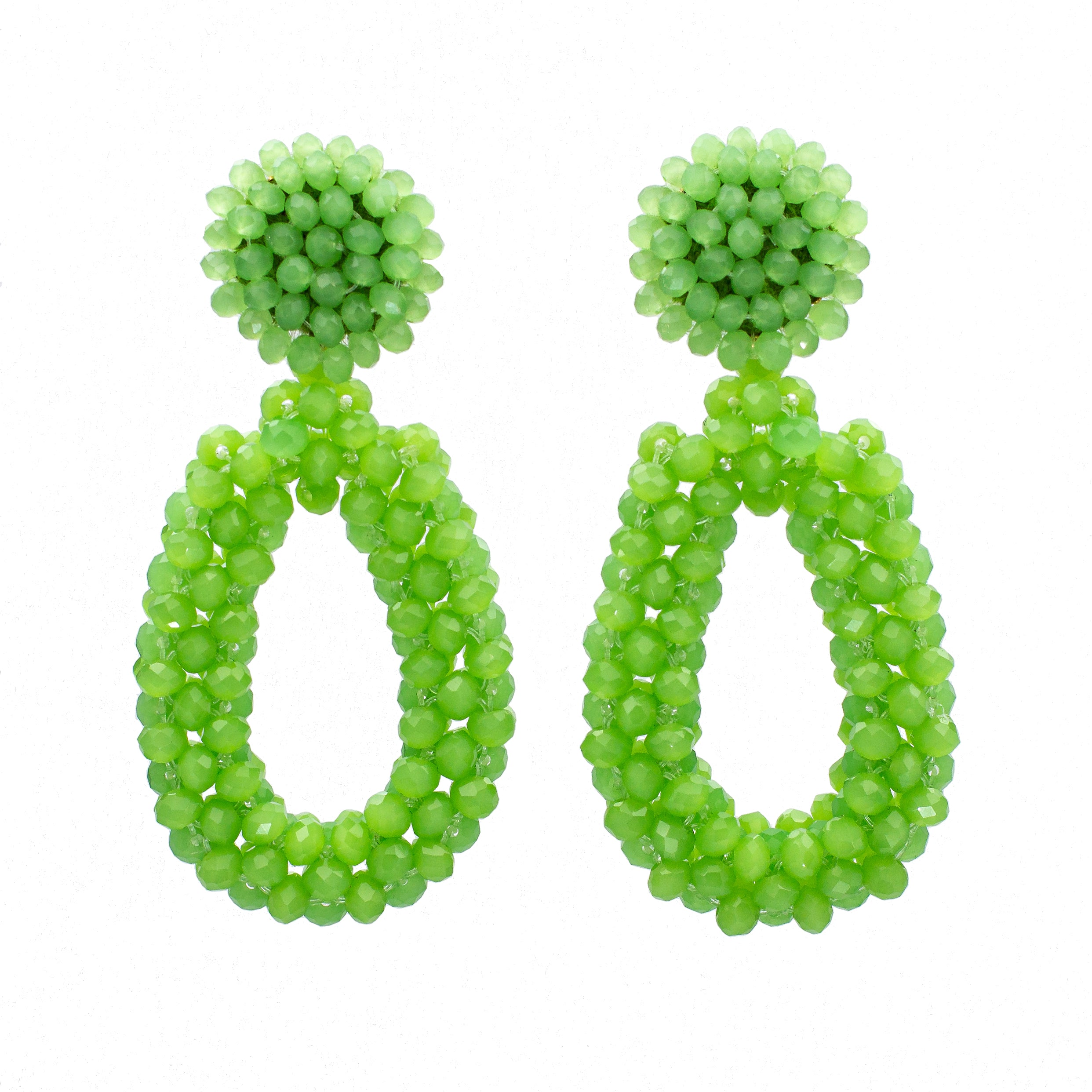 Pair of green beaded earrings on a white background