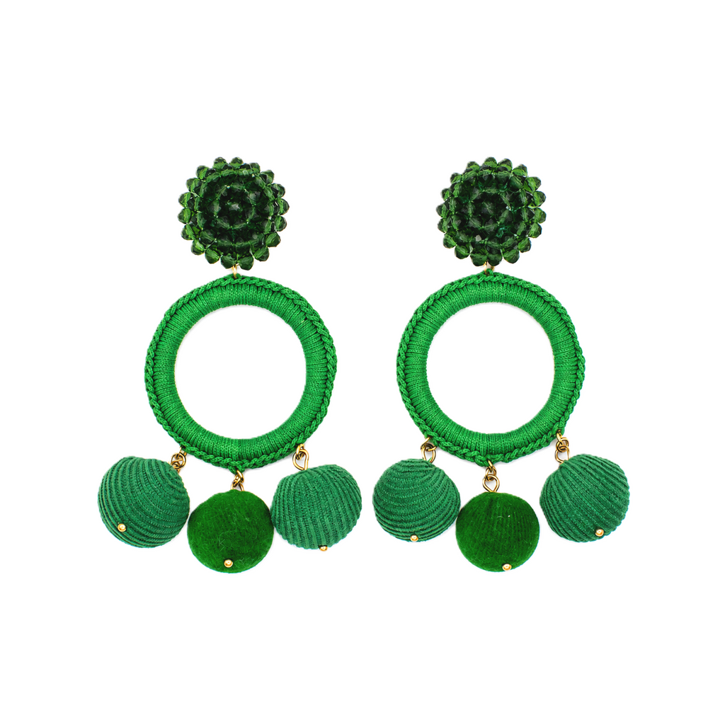 A pair of green statement earrings featuring a textured spiral flower stud, a large circular ring, and three dangling textured beads, shown on a plain white background.