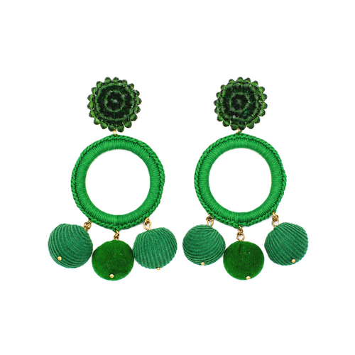 A pair of green statement earrings featuring a textured spiral flower stud, a large circular ring, and three dangling textured beads, shown on a plain white background.