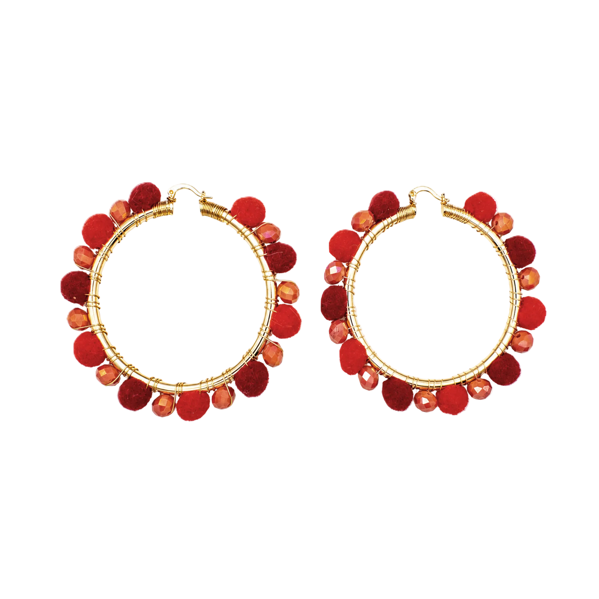 A pair of gold hoop earrings decorated with multiple layers of red and orange pom-pom beads, shown against a plain white background.